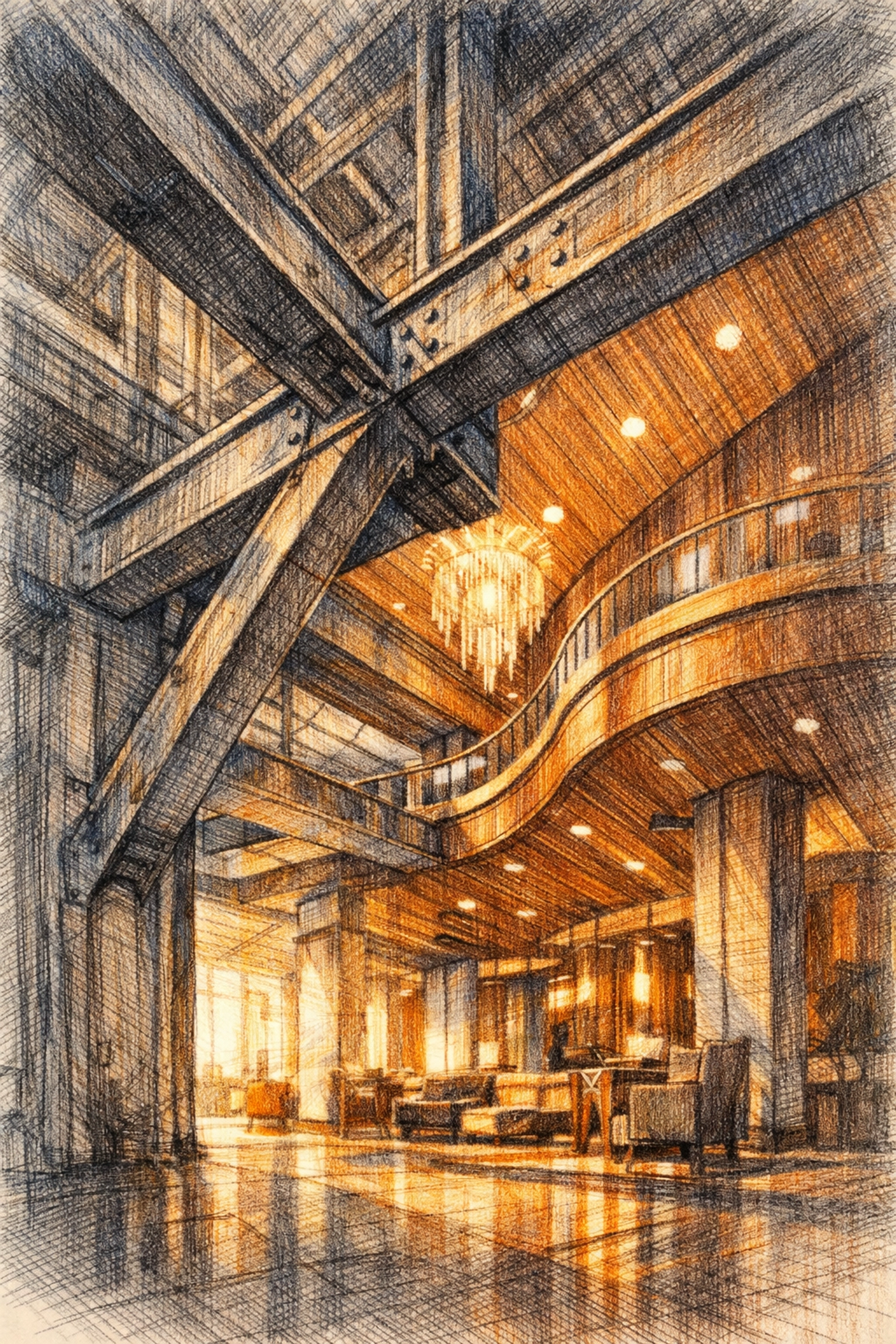 Architectural drawing of a luxury hotel lobby featuring steel beams and oak-paneled ceilings.