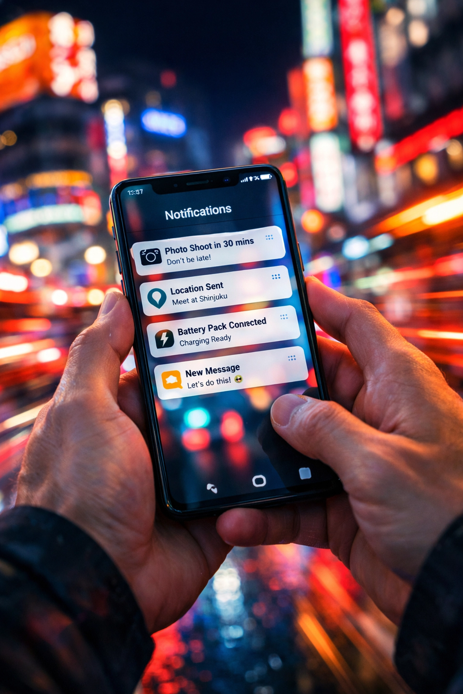 Photographer bidding on jobs via a mobile app in a vibrant city, showcasing the ProShoot.io booking speed.