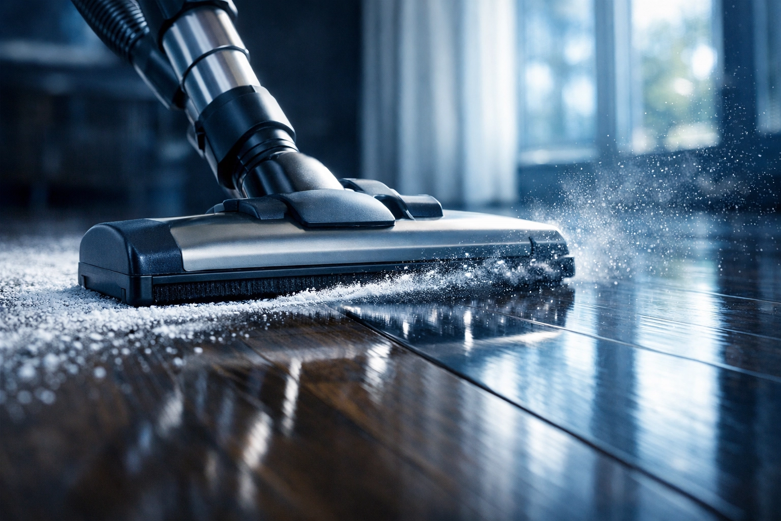 HEPA vacuum removing construction dust from polished hardwood floors in a Newton, Massachusetts home.