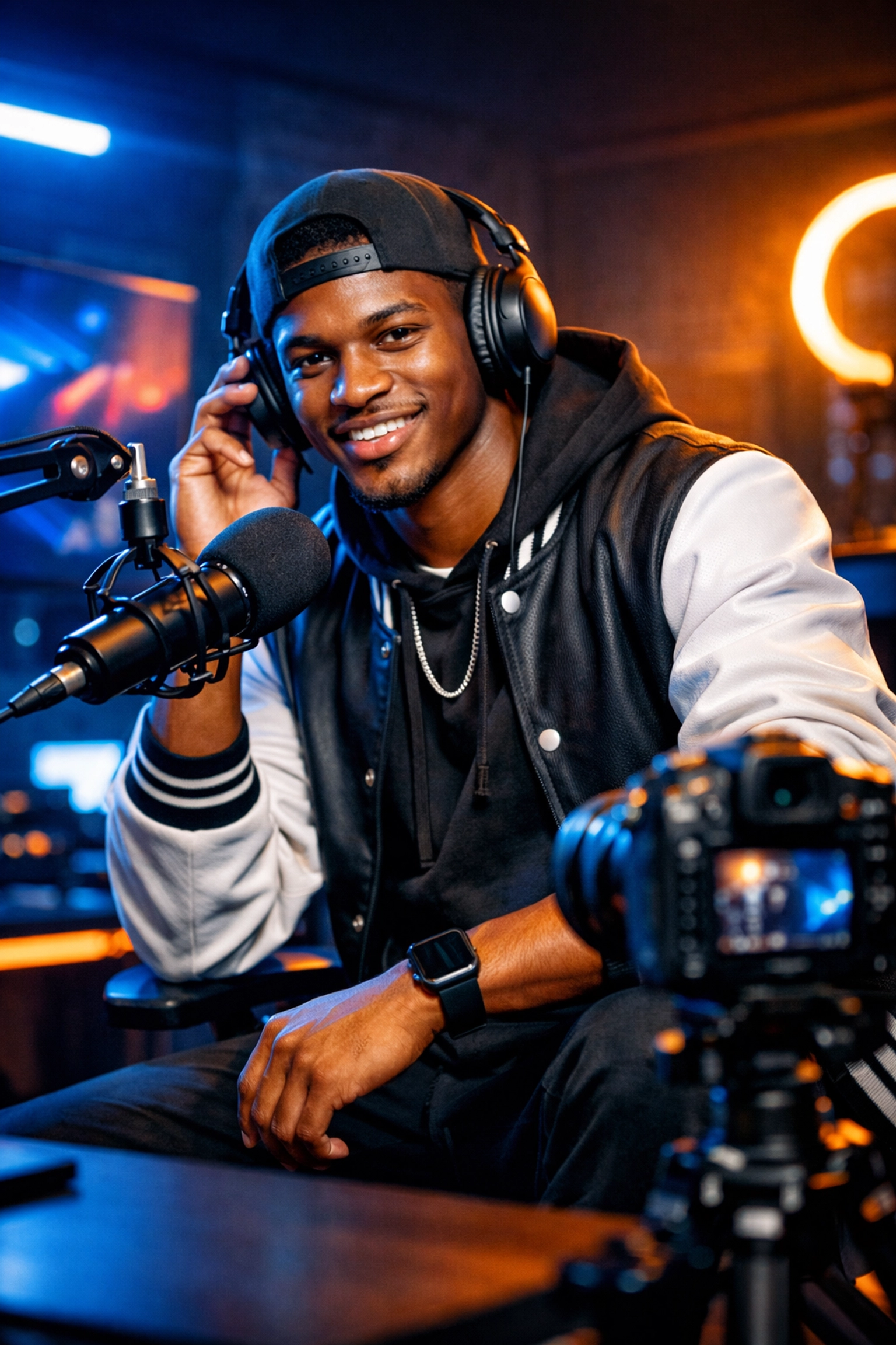 College athlete producing digital content in a media studio for professional NIL brand partnerships.