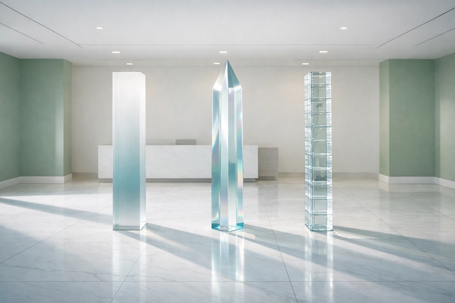 Modern clinic lobby with three glass structures representing the core pillars of chiropractic SEO.