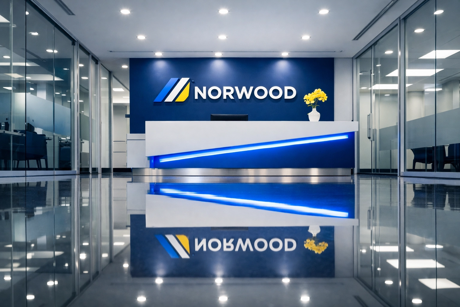 Reflective polished lobby floors in a Norwood office building after expert commercial cleaning.