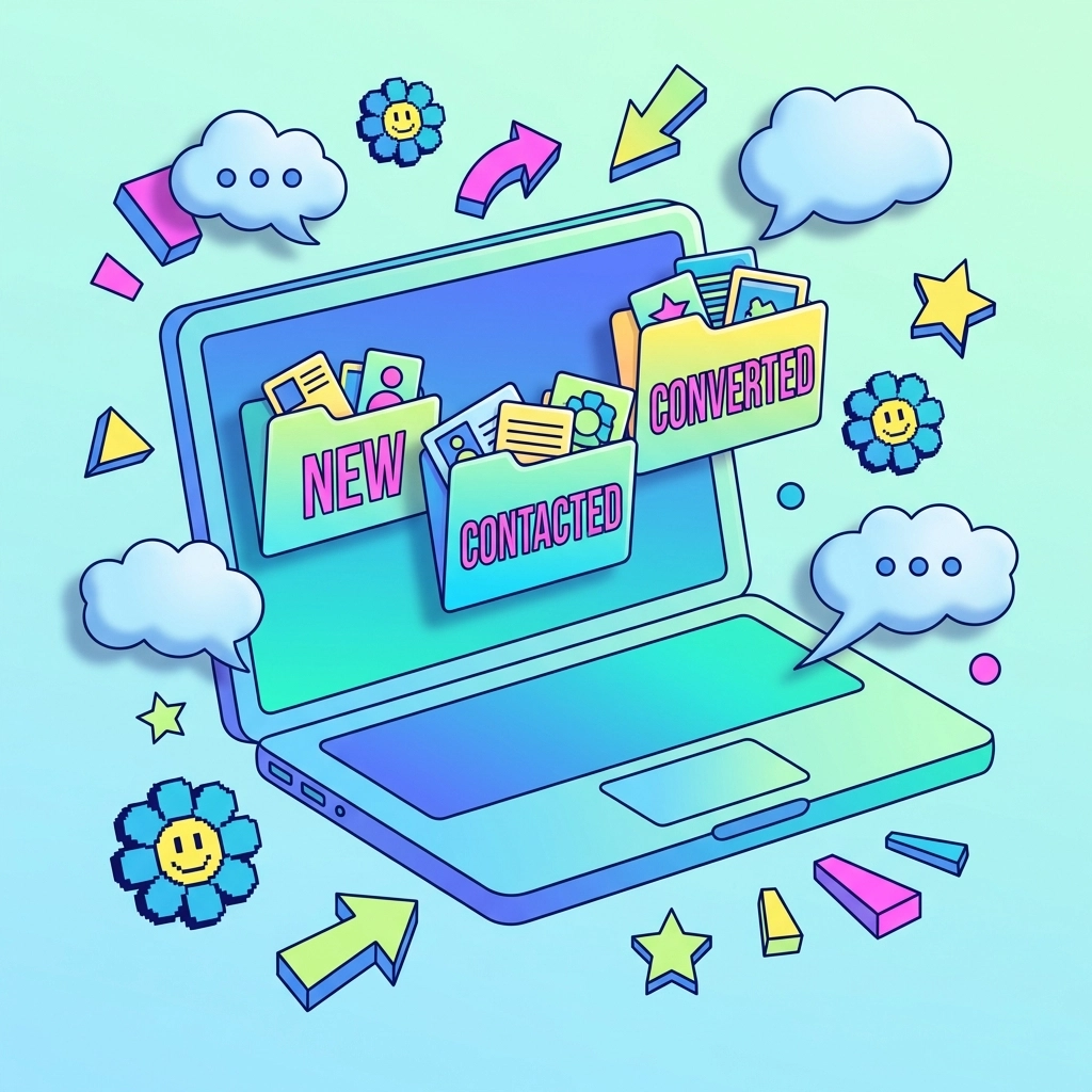 Lively illustration of a laptop organizing predictive seller lead cards into tagged folders within a CRM.