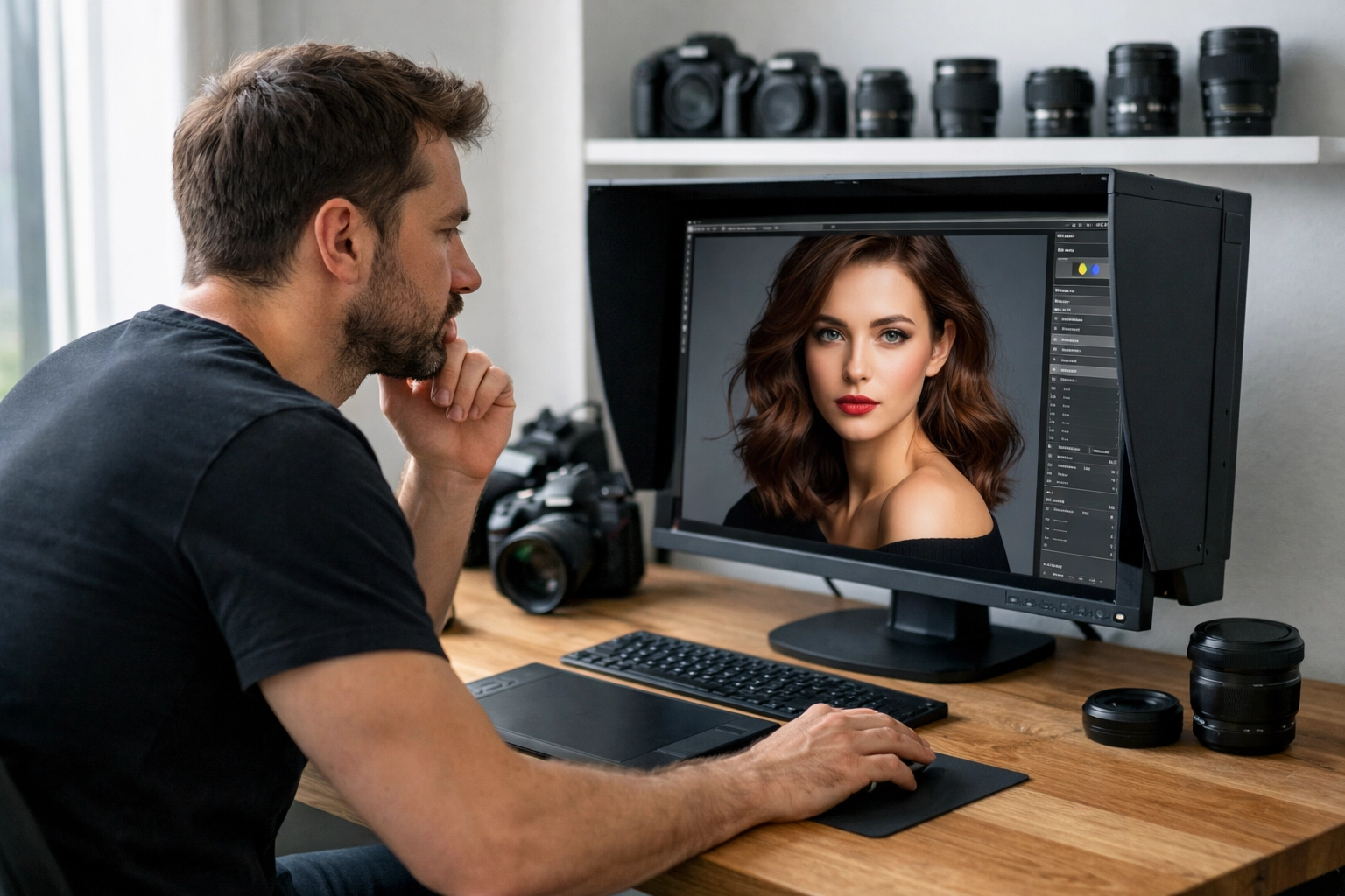 Professional photographer in a minimalist studio optimizing high-resolution images for photography SEO.