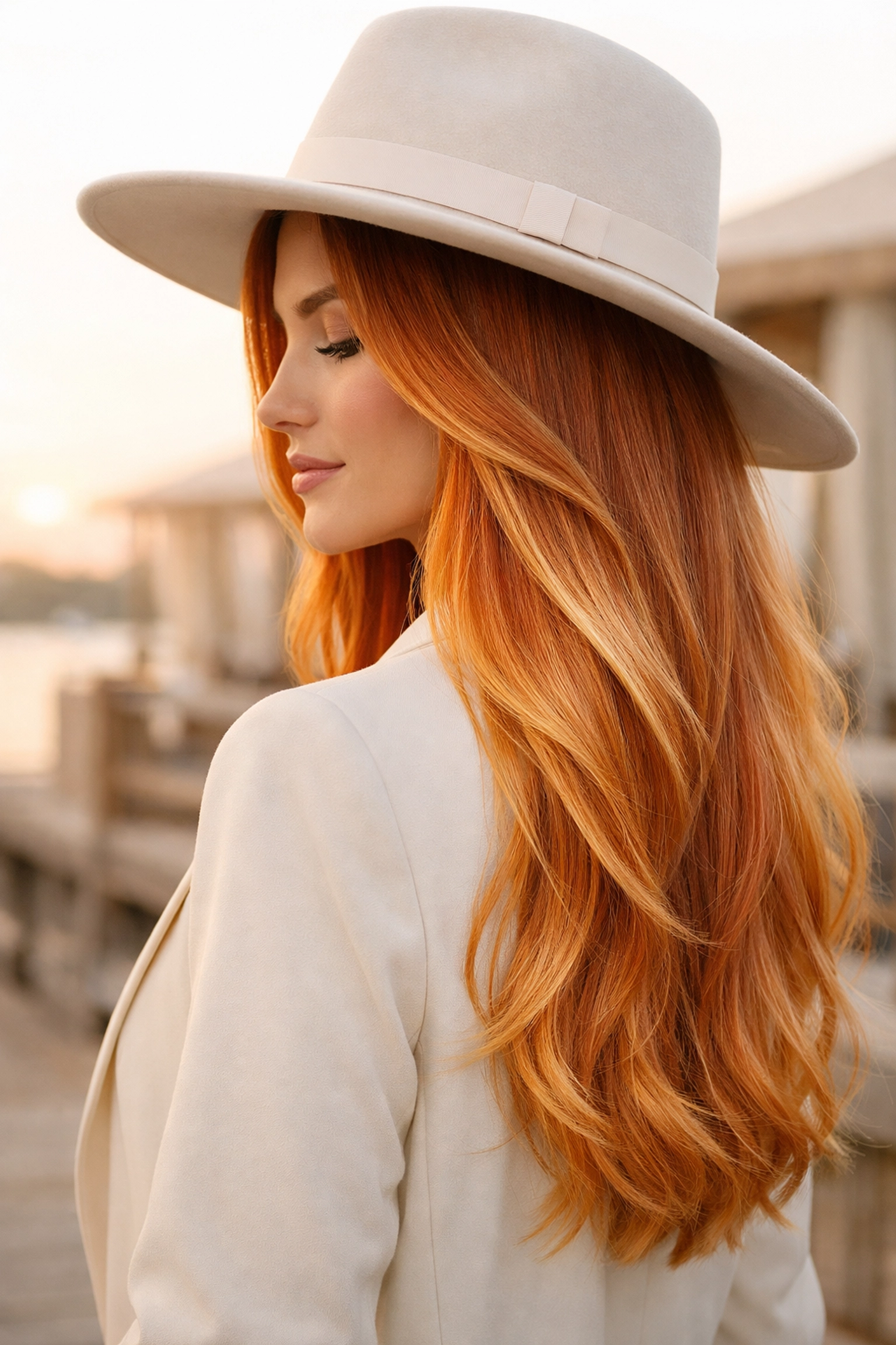 Woman wearing a wide-brimmed hat for UV hair protection in Concord NH.