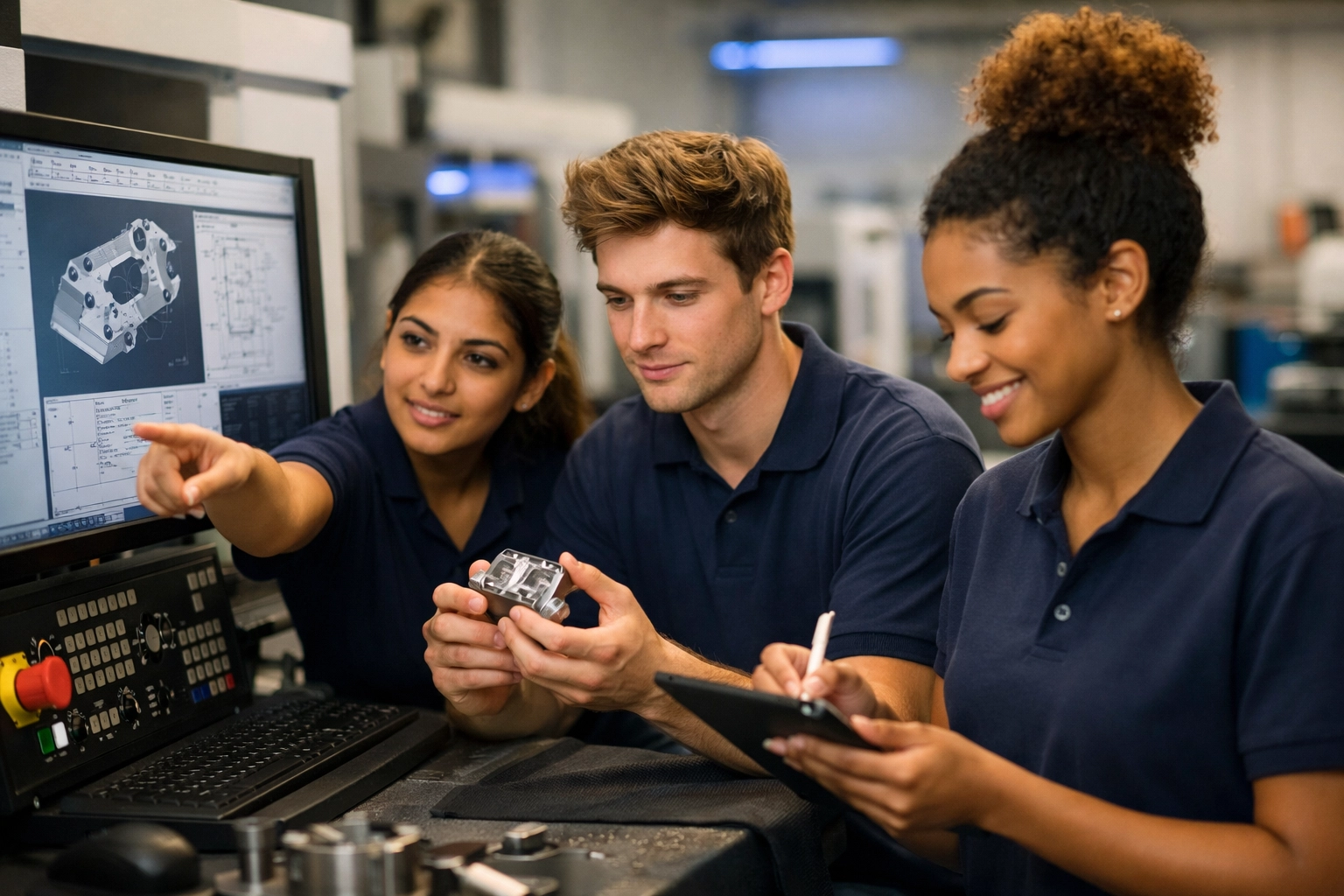 Diverse apprentice engineers collaborating on CNC training project with CAD design and machined components