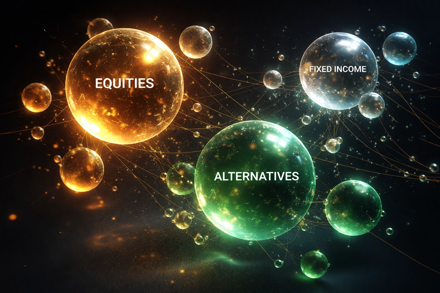 Floating connected spheres representing equities, fixed income, and alternative investments, visually depicting an institutionally diversified portfolio model
