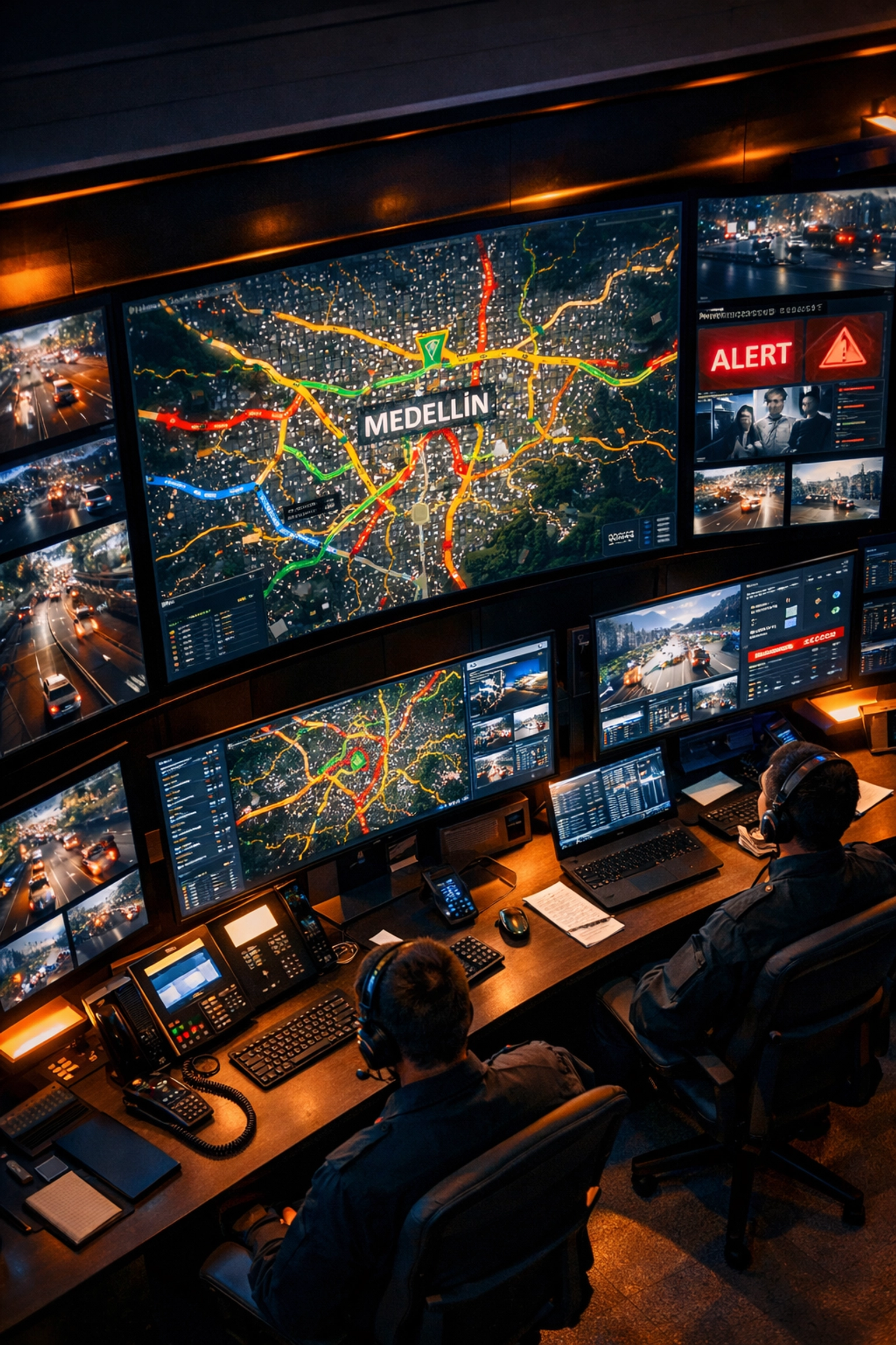 Security operations center monitoring real-time GPS and traffic in Medellin