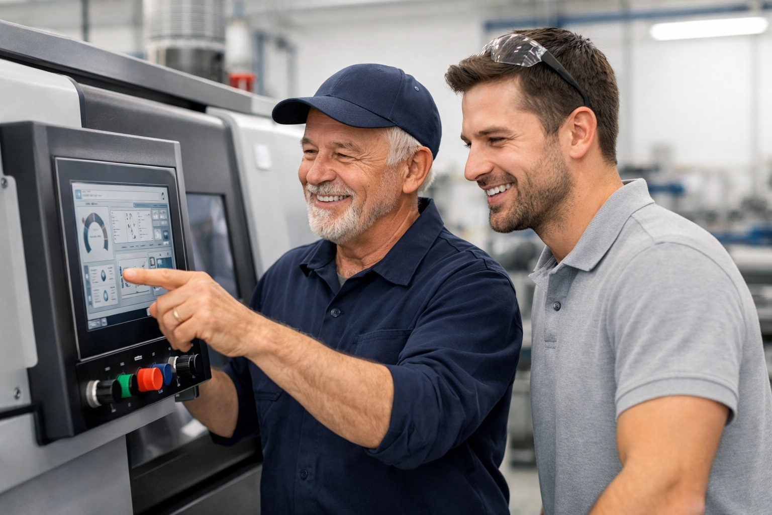 Experienced and new manufacturing workers collaborating with digital tools to improve factory efficiency.