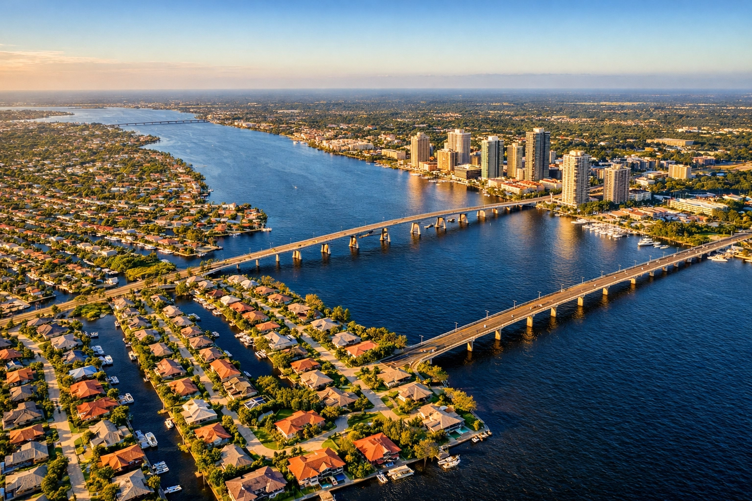 Aerial view of Cape Coral and Fort Myers showing different city layouts and canal systems