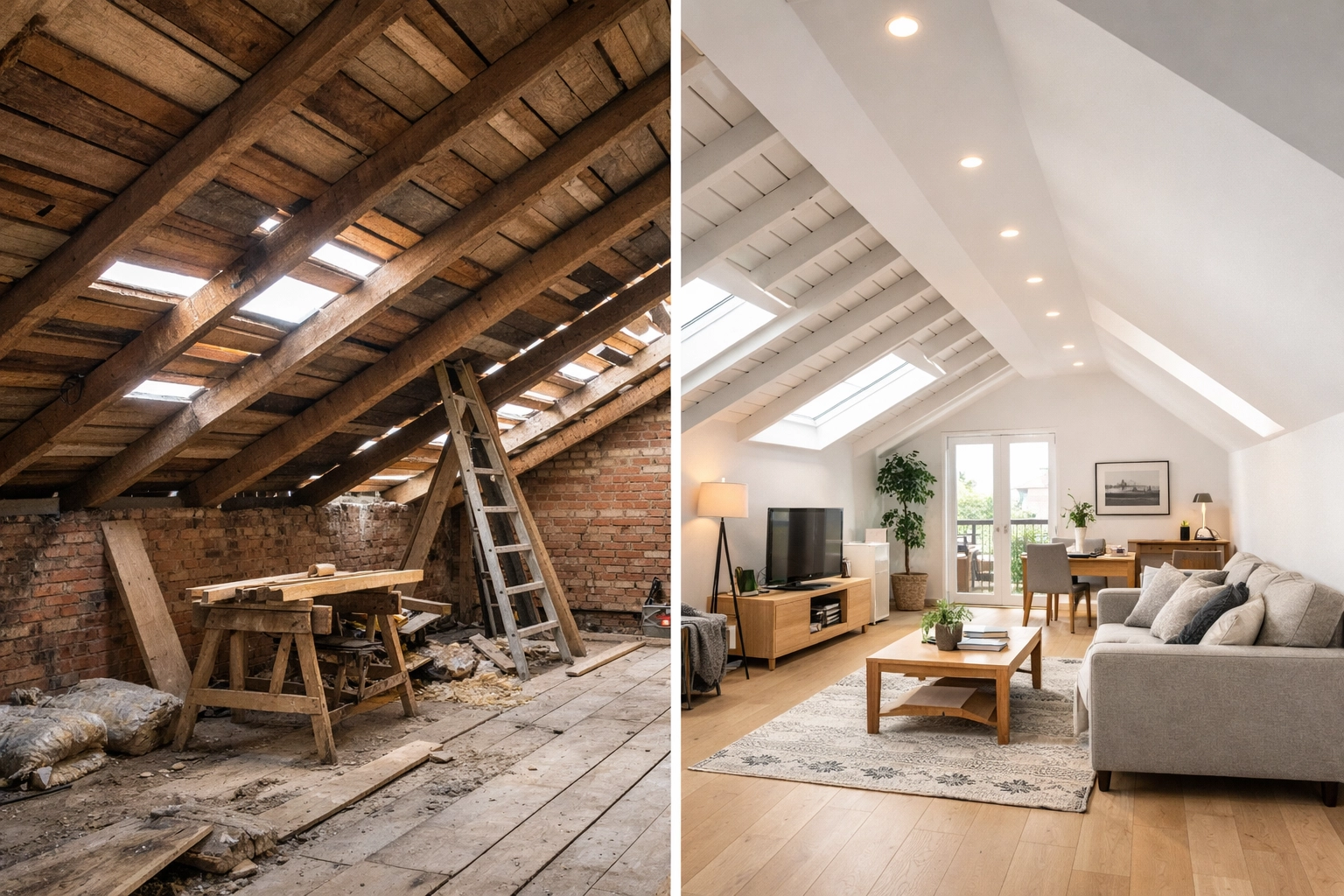 Loft conversion before and after transformation from bare structure to finished living space