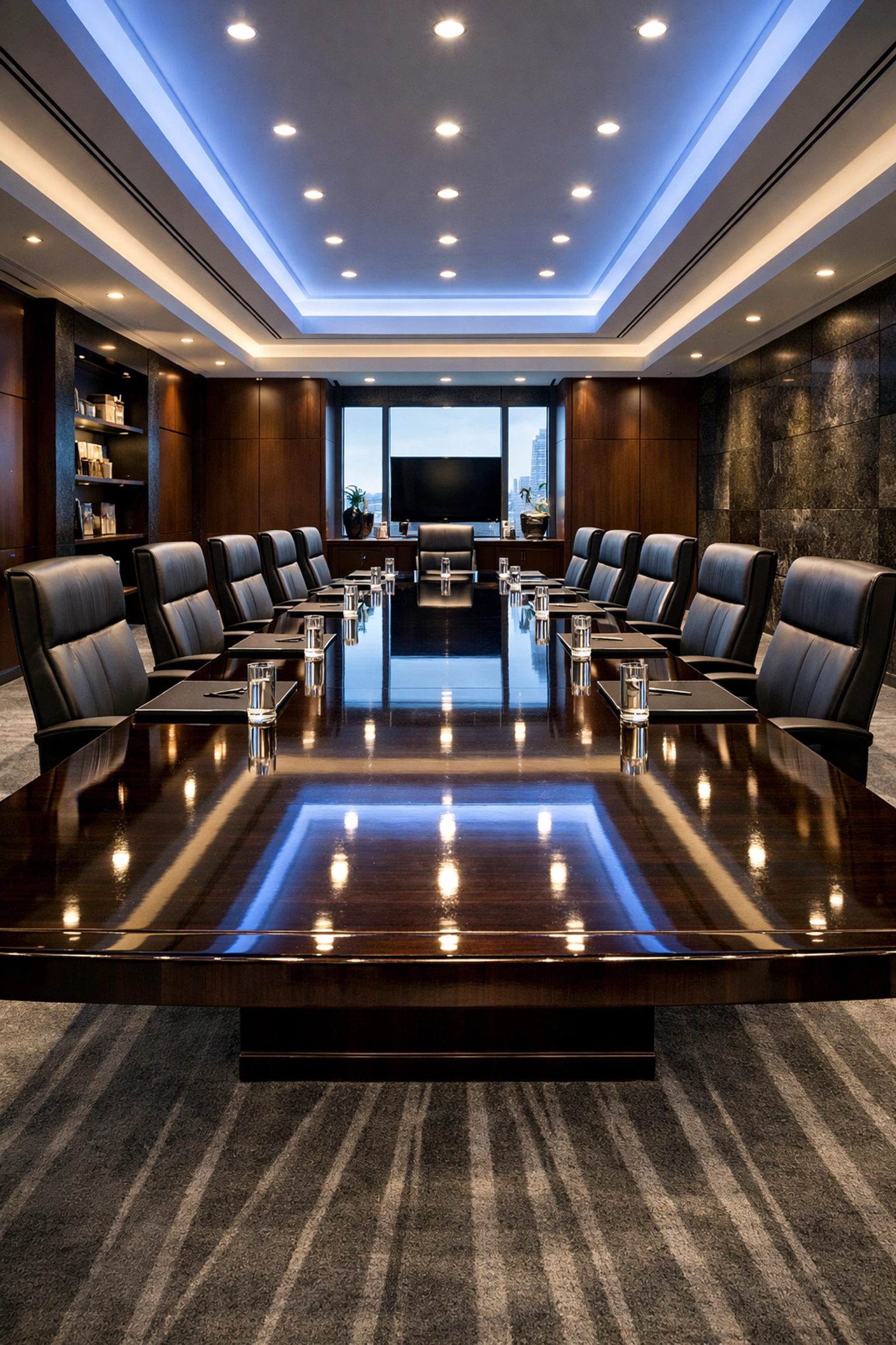Impeccably clean corporate boardroom with polished surfaces and vacuumed carpets in Harvard, MA.