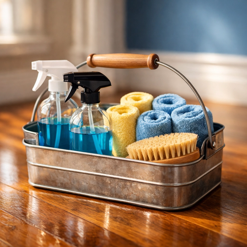 Eco-friendly cleaning supplies on a polished hardwood floor provided by a move-in cleaning service Boston.