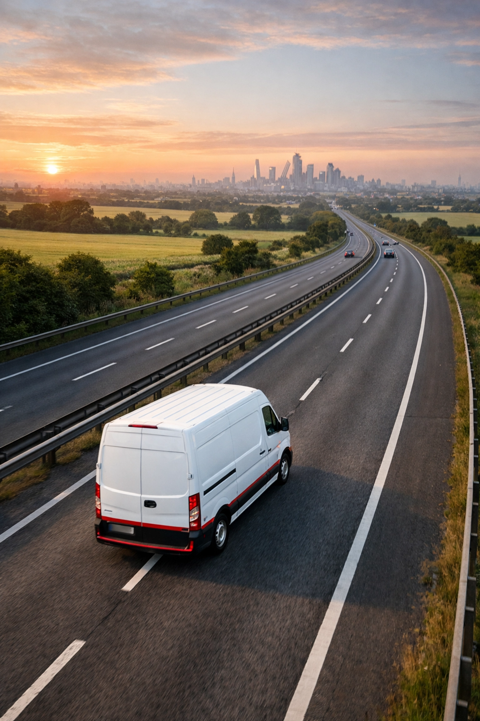 Logistics van traveling from Hertford towards London for efficient warehouse distribution.