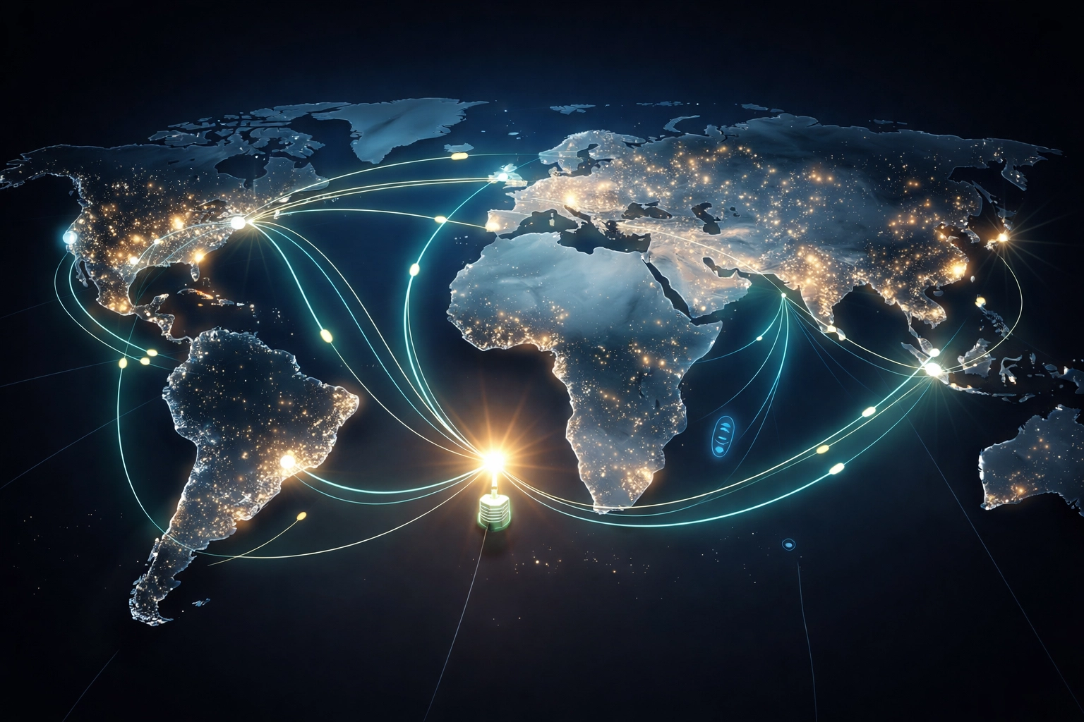 Global map showing real-time cargo shipment routes between Africa, North America, and Europe for instant visibility.