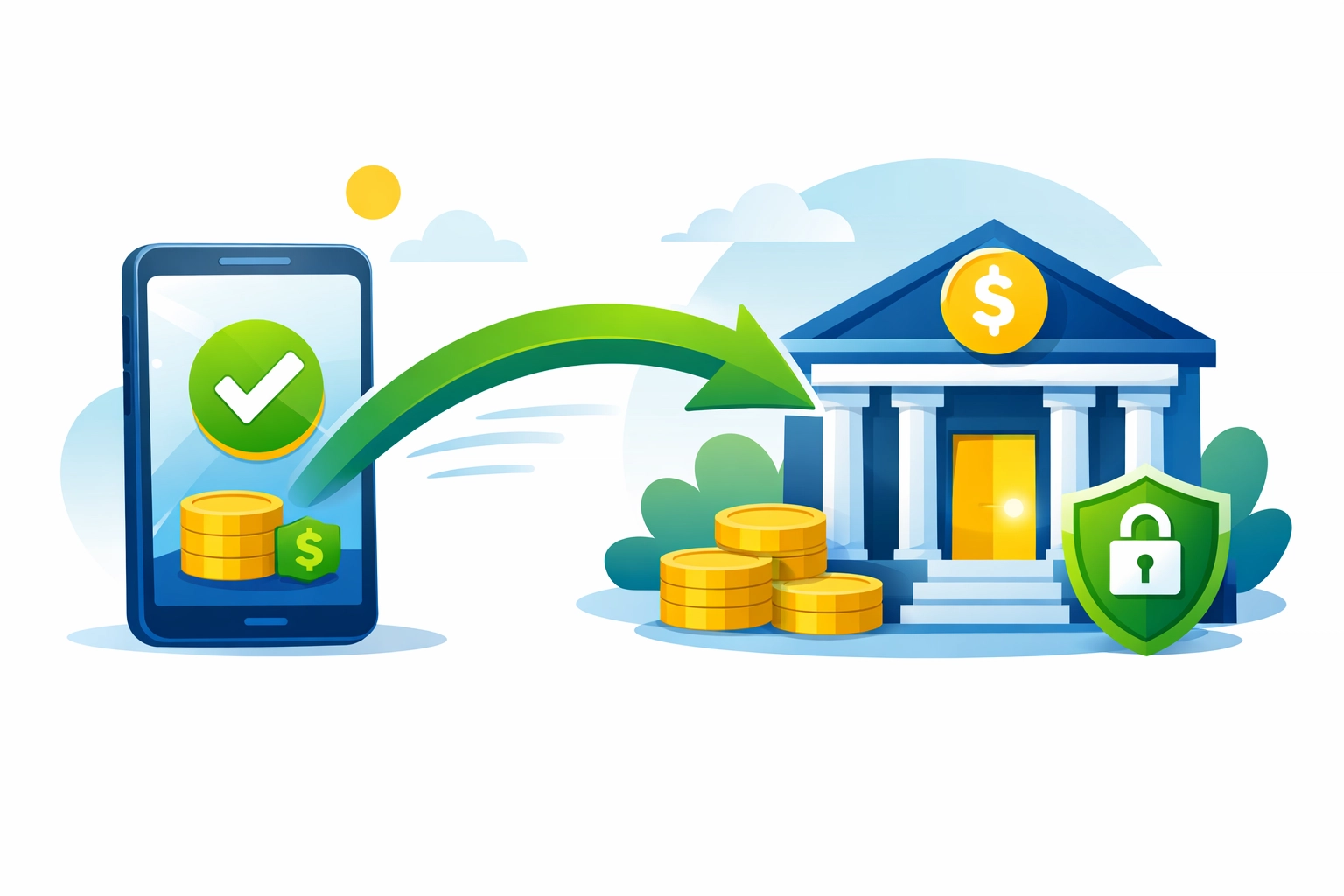 Digital direct deposit icon showing a fast tax refund transfer from a mobile device to a bank account.