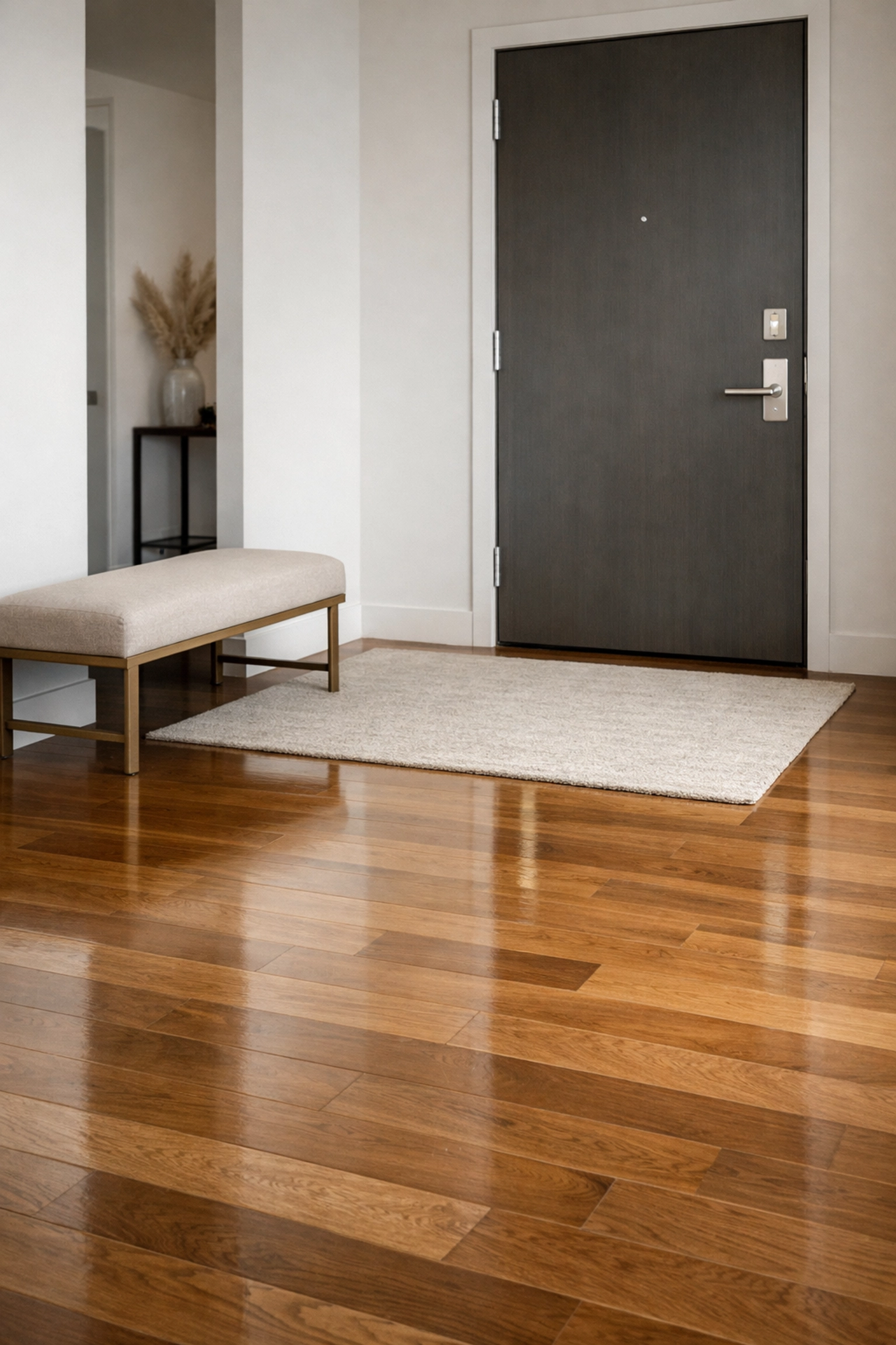 Pristine hardwood floors in a modern Chicago apartment following a professional move-out clean.