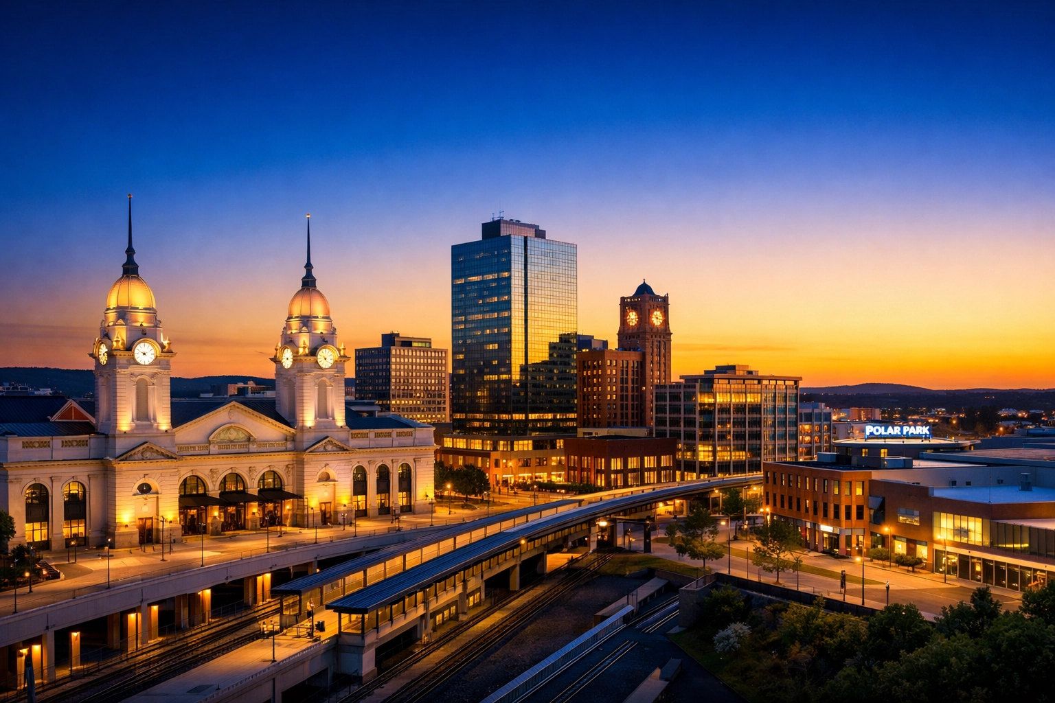 Scenic golden hour view of downtown Worcester and Union Station representing local move-out cleaning Worcester.
