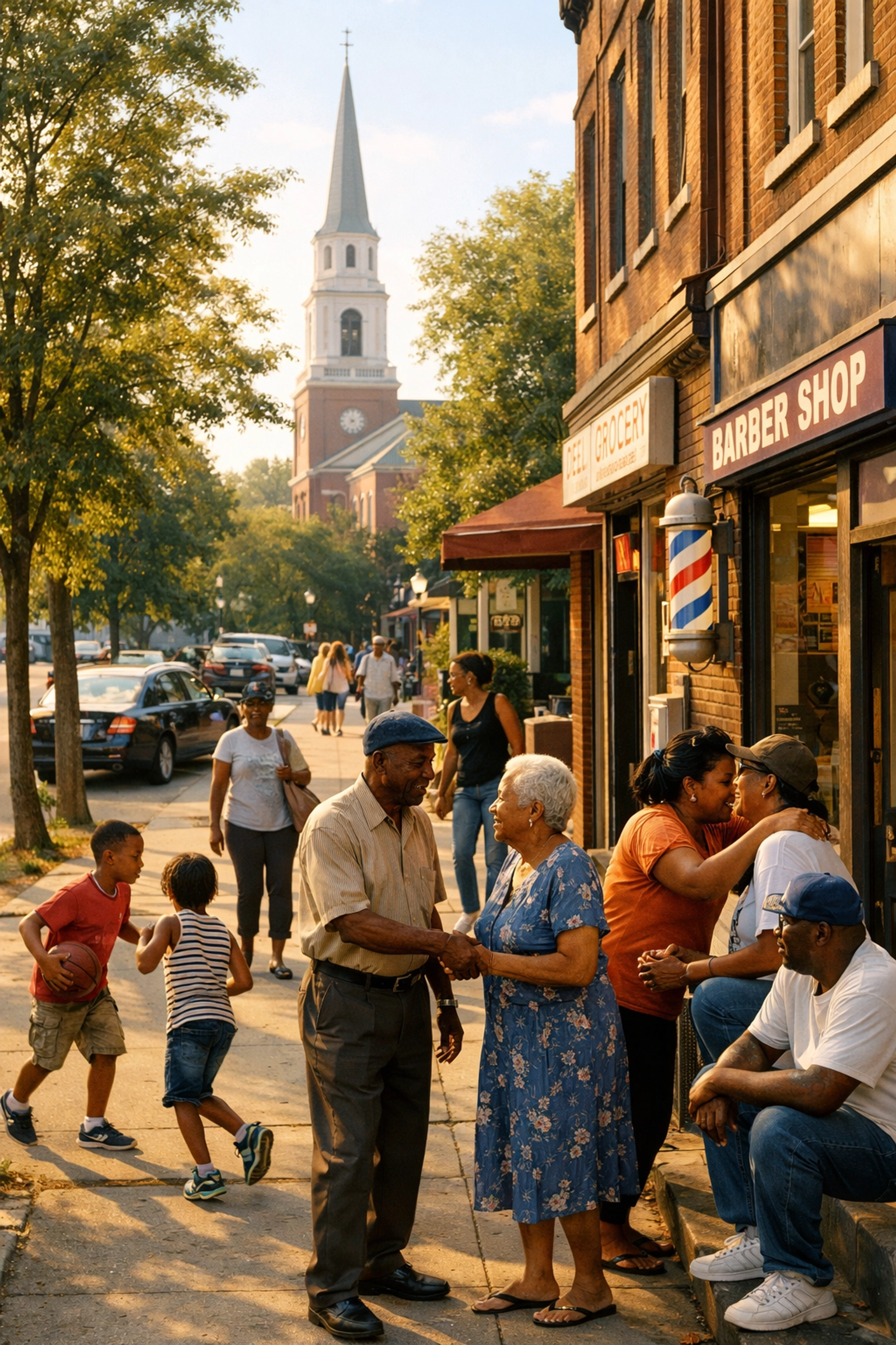 Active neighborhood block with church and families demonstrating square mile community model
