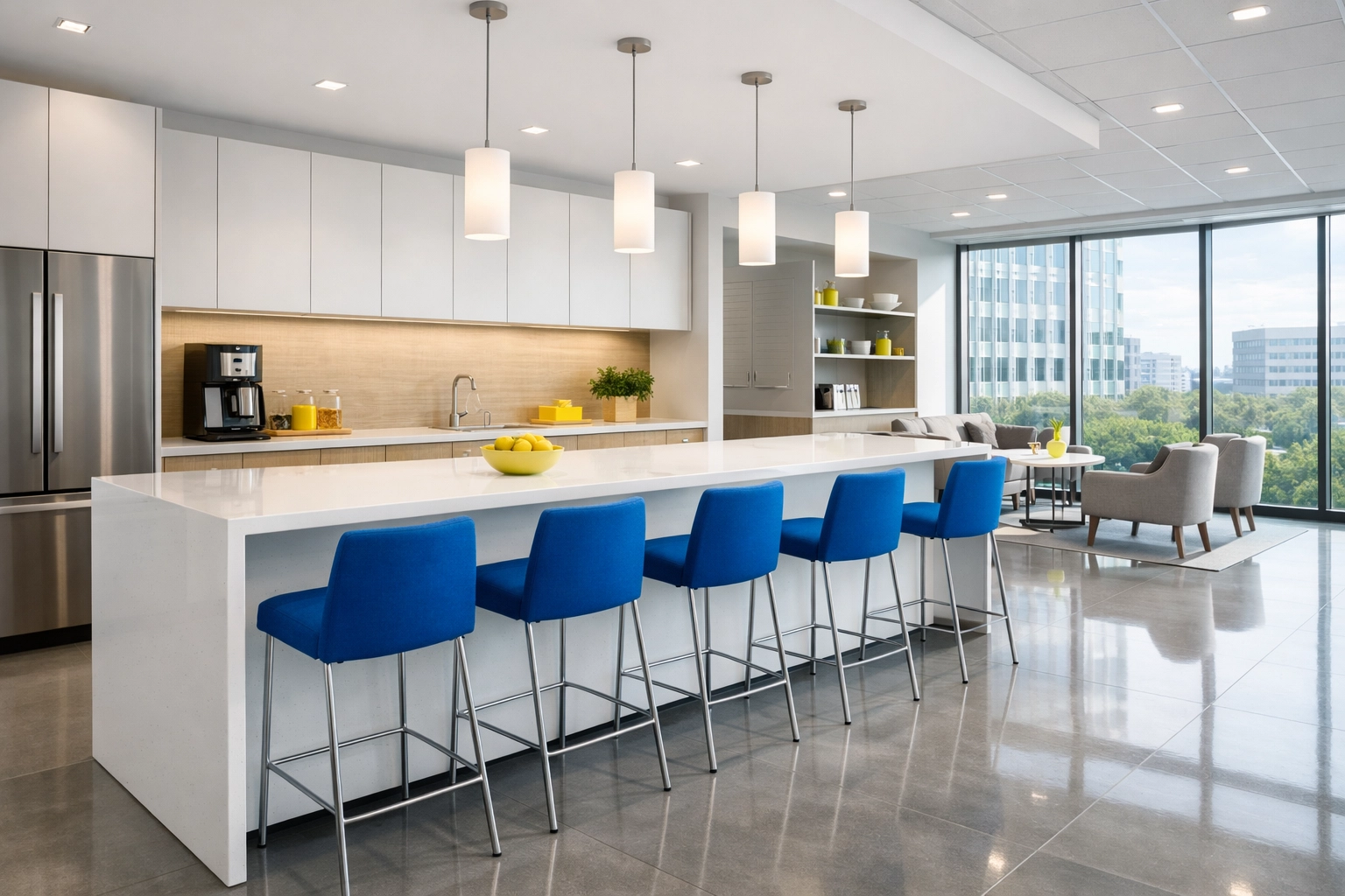 Clean and organized corporate breakroom in Brockton, showcasing professional facility maintenance services.