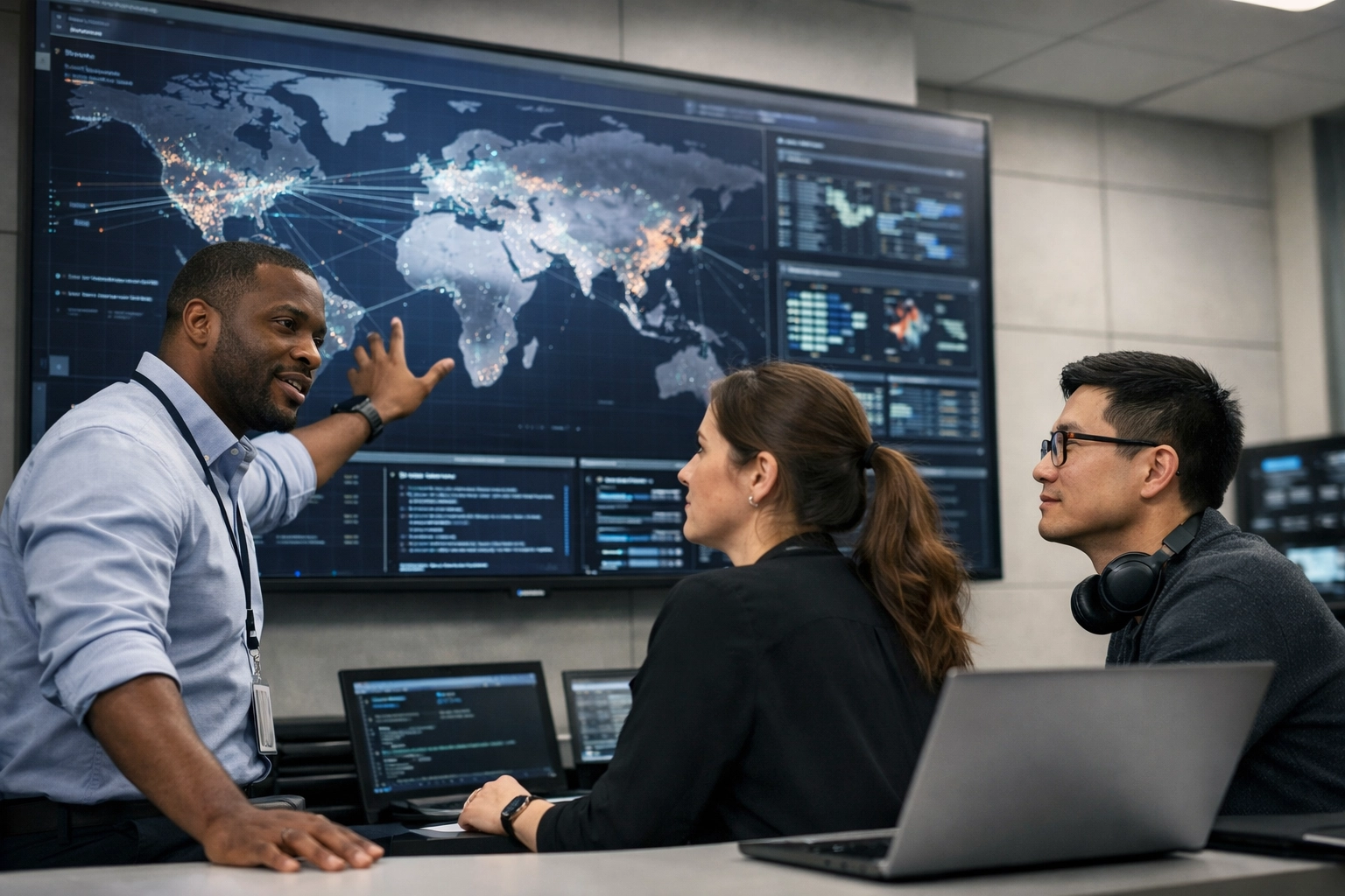 IT team collaborating on global network maps to achieve ServiceNow ITOM and ITAM synergy.