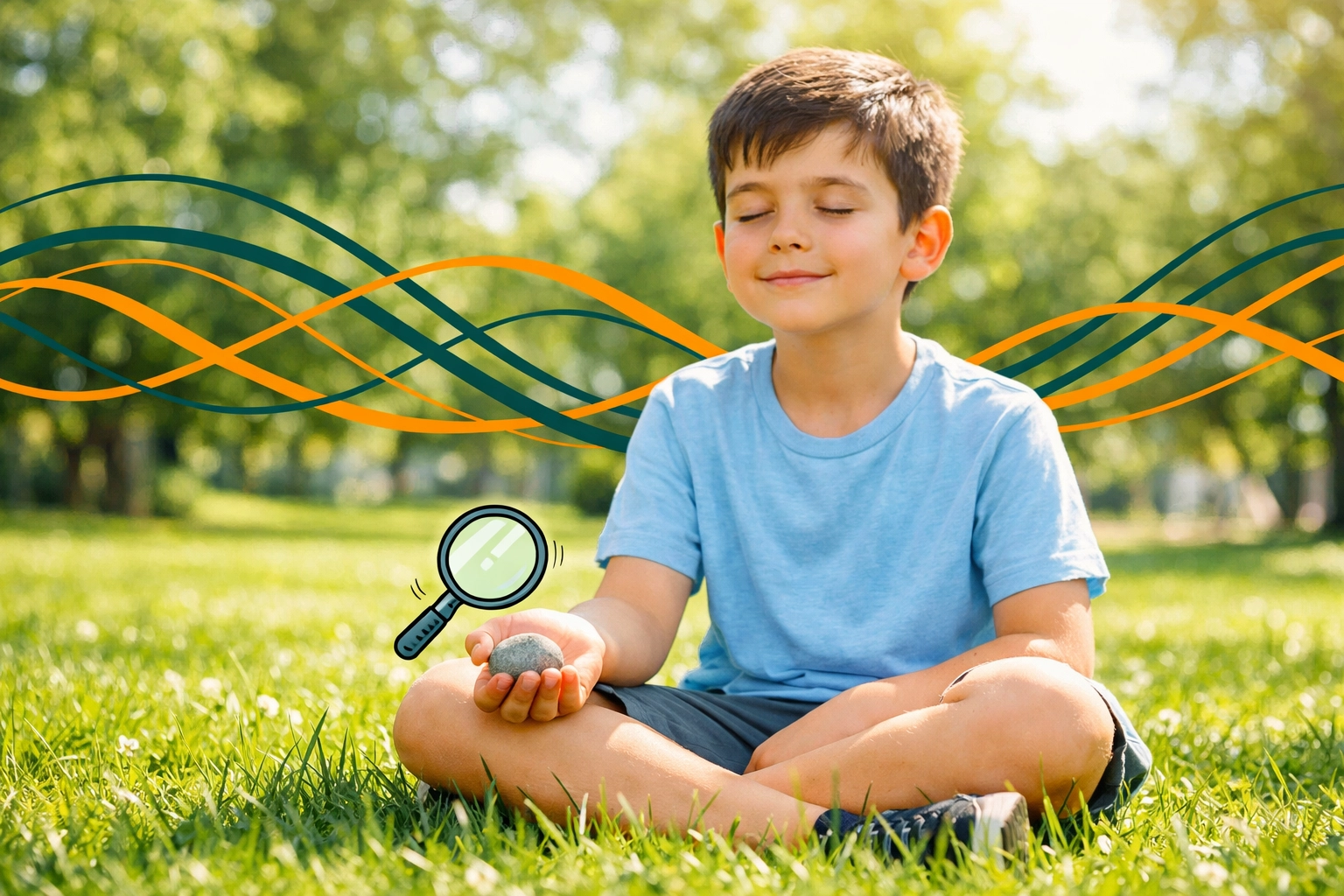 Young boy practicing a sensory grounding technique on grass to foster mindfulness and self-awareness.