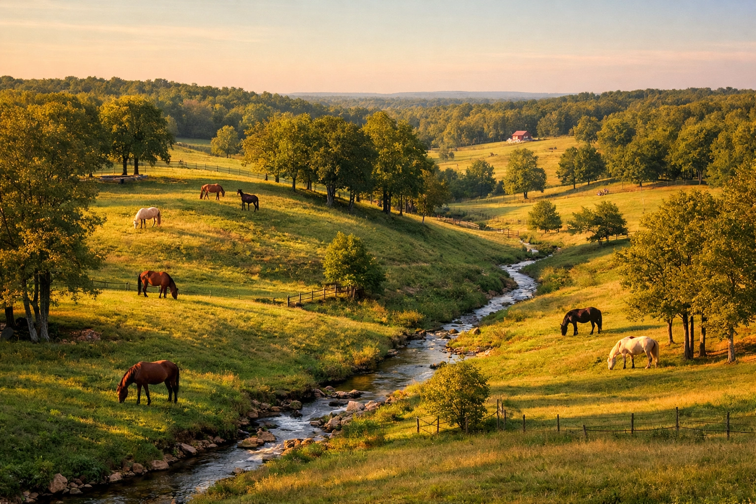 Rolling horse pastures with varied terrain in Davidson NC equestrian property