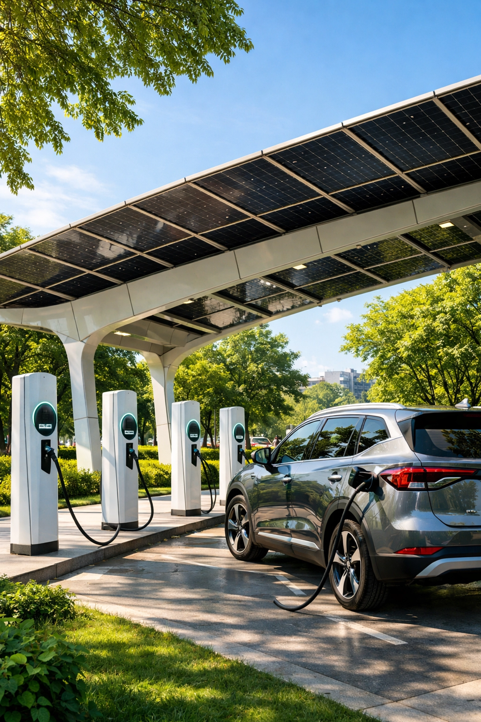 Solar-powered EV charging station showcasing smart city technology for modern urban India living.