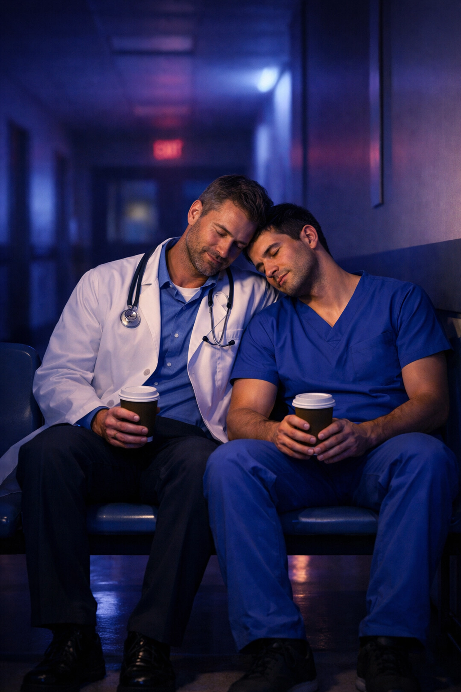 A gay doctor and nurse finding comfort together during a quiet night shift in an MM romance story.