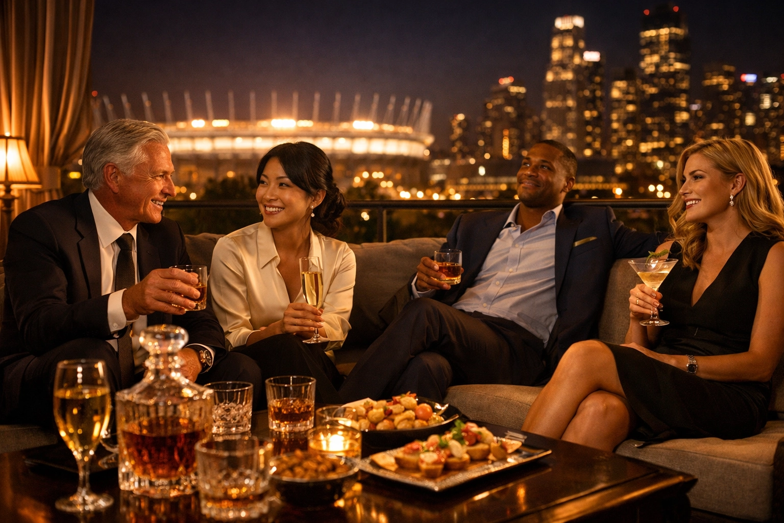Looking for Super Bowl Logistics Tips? Here Are 10 Things You Should Know for a Smooth Executive Arrival Executives networking at a luxury rooftop bar with views of the stadium following a Super Bowl event.