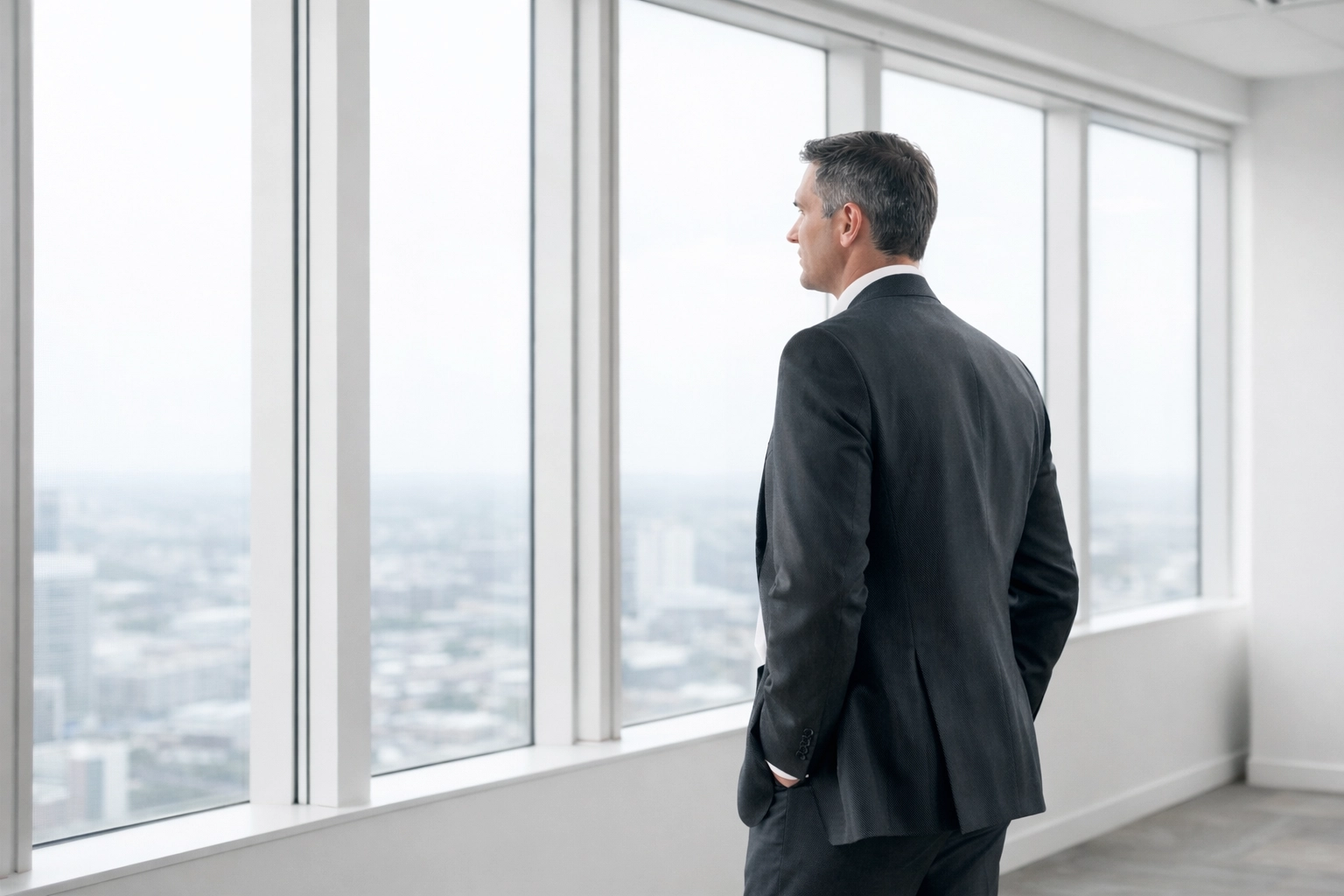 A calm business professional looking out an office window, representing clarity and success at work.