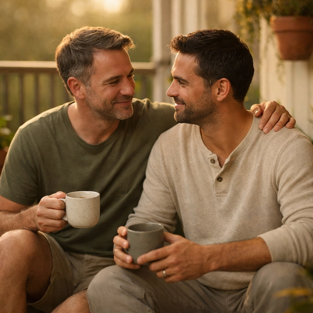 Two men sharing peaceful morning coffee creating quiet moments together