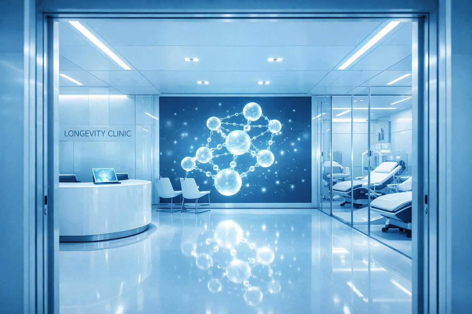 A professional longevity clinic setting featuring a clean, clinical blue pharmaceutical atmosphere.