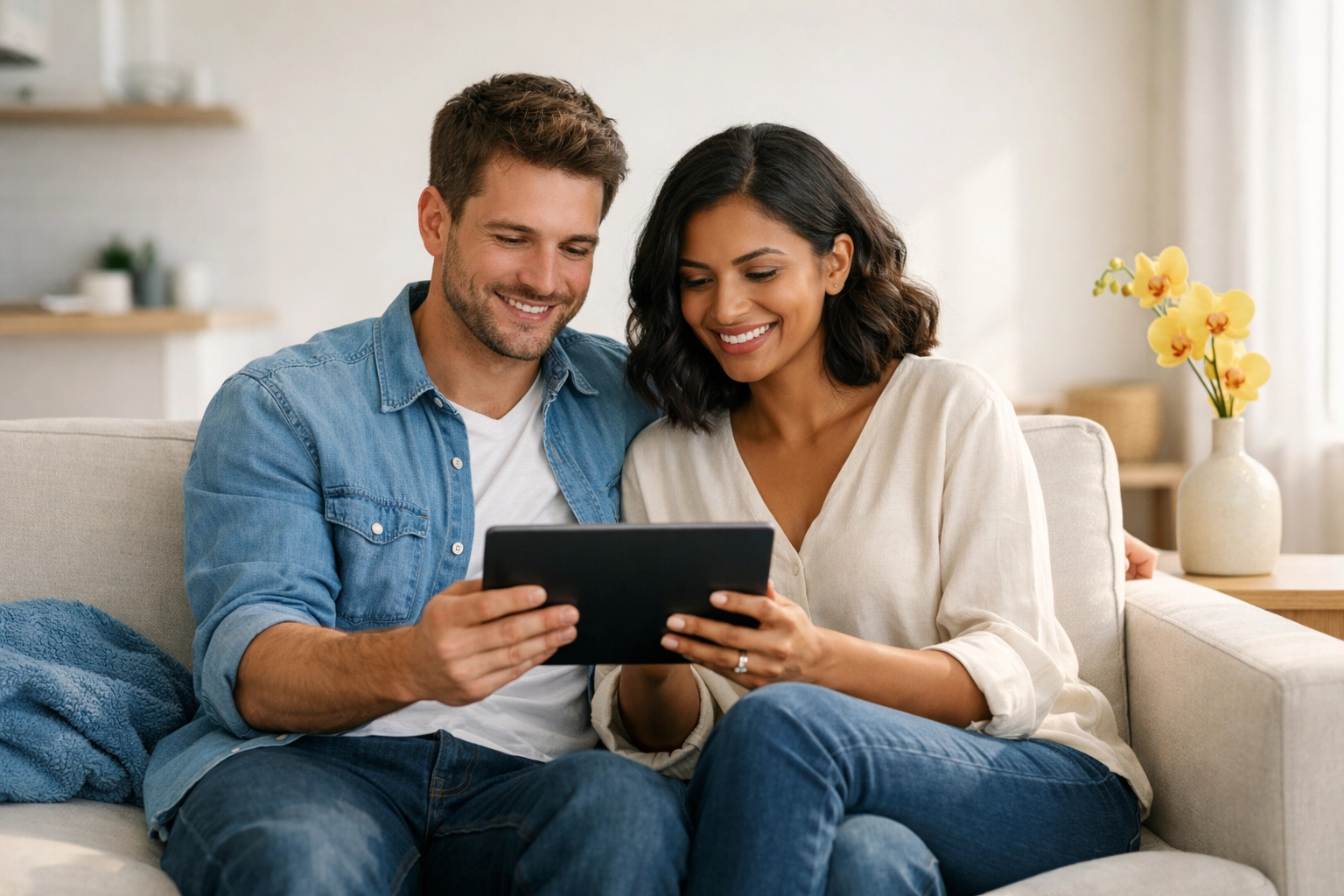 Young couple discussing estate planning and legacy gifts on a tablet in a modern home.