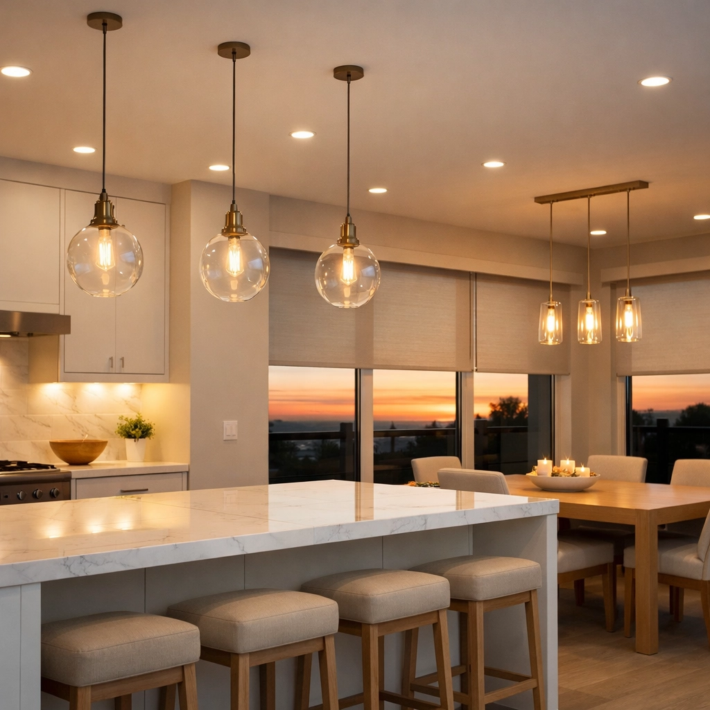 Sleek kitchen featuring energy-efficient smart lighting and automated window shades for temperature control.