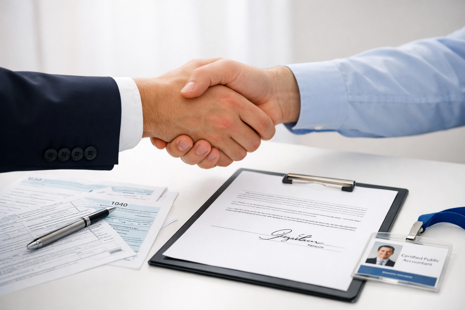 Professional handshake over signed tax documents showing legitimate tax preparer credentials