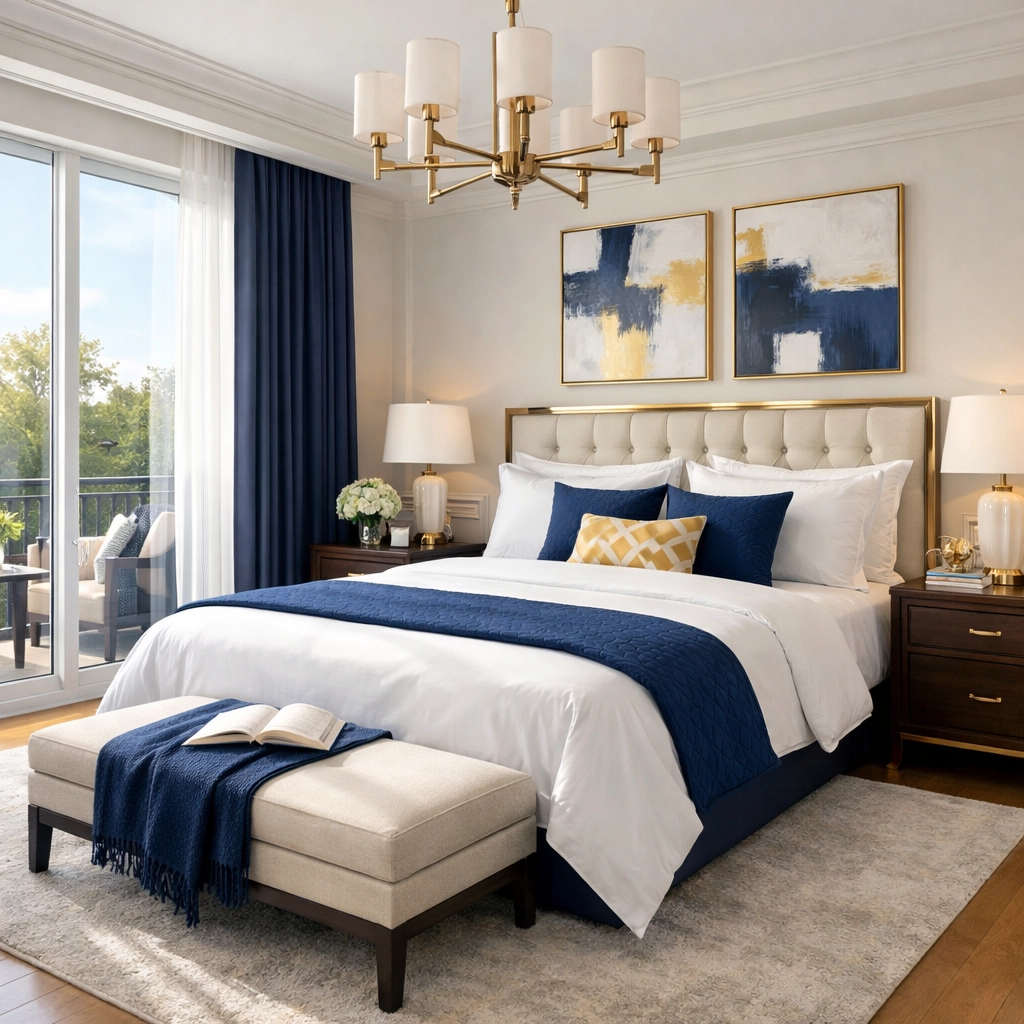 Luxury house cleaning in a Groton bedroom suite with dust-free furniture and perfectly made linens.