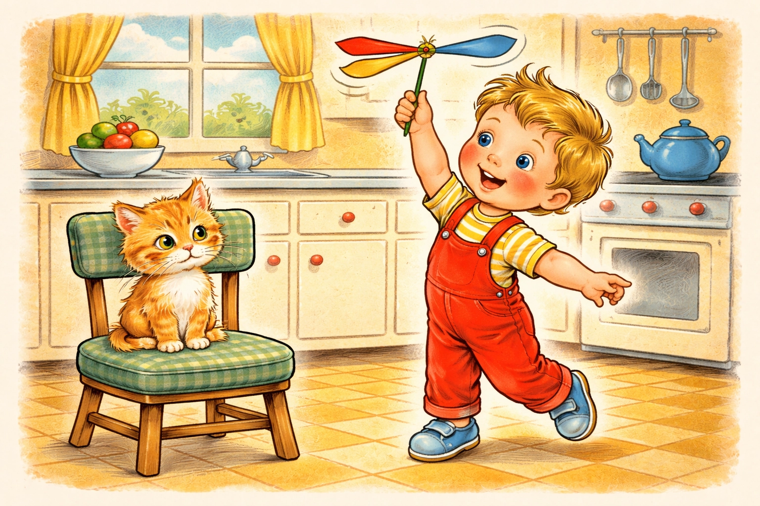 Child releasing a colorful paper helicopter spinner in a cozy vintage kitchen, demonstrating a STEM kids craft activity