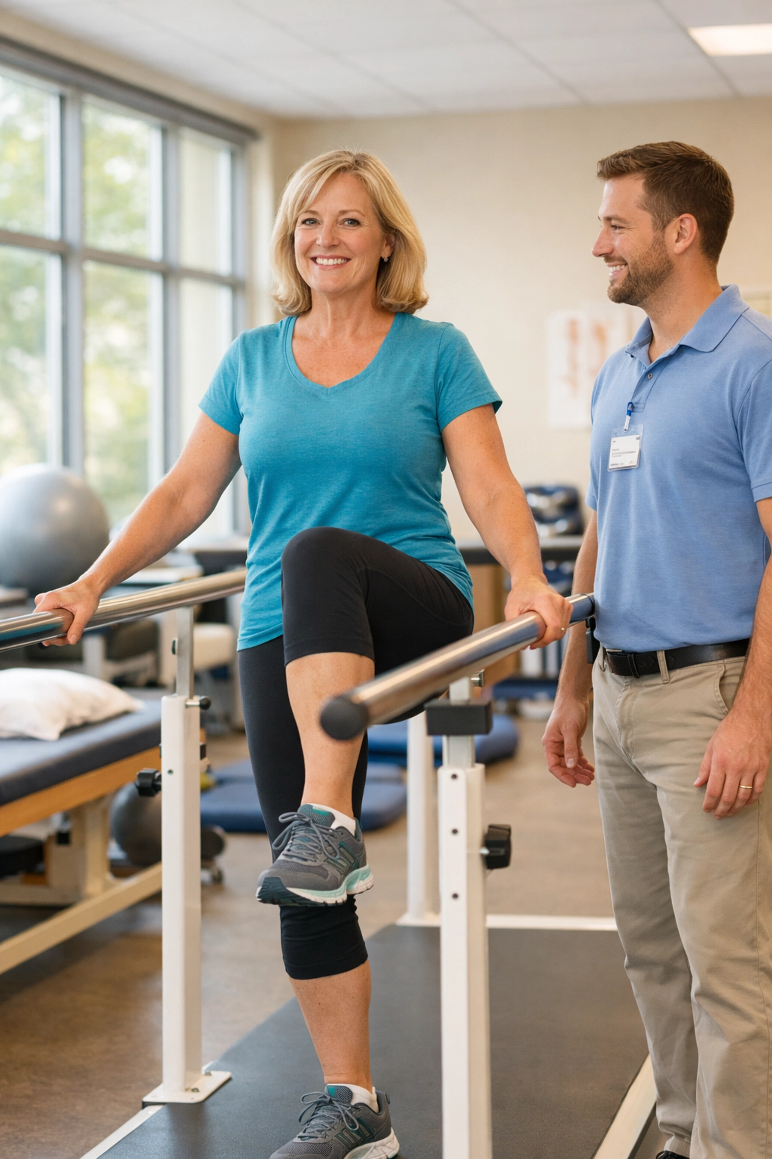 Physical therapist guiding patient through balance exercise on parallel bars during fall recovery