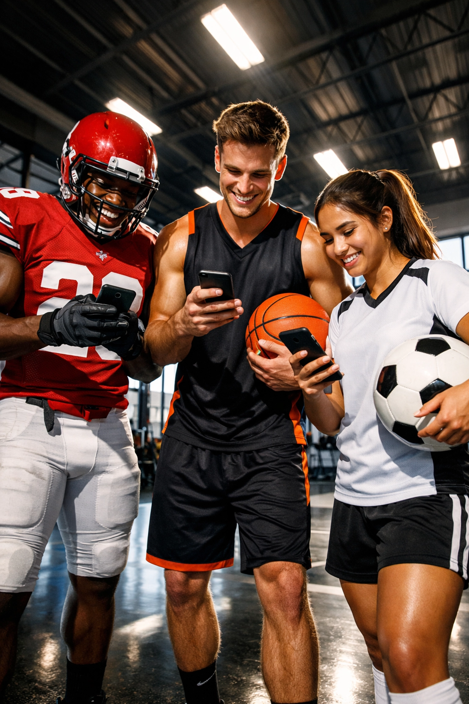 Diverse college athletes collaborating on NIL opportunities using smartphones