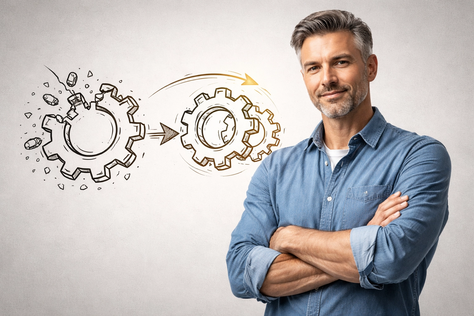 Confident business owner stands by transforming gears, symbolizing improved HR processes and efficient small business hiring.