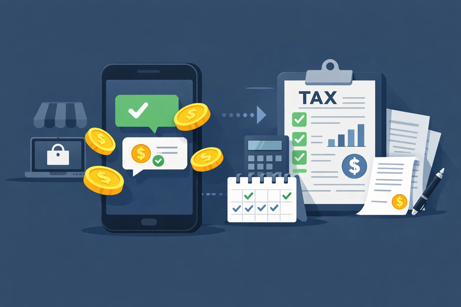 Digital payments from a smartphone transforming into a tax form representing 1099-K reporting for side hustles.