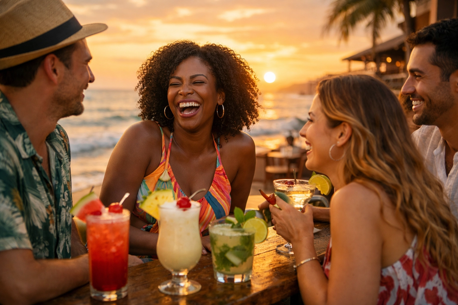 Friends enjoying cocktails at beachfront bar at Puerto Vallarta all-inclusive resort