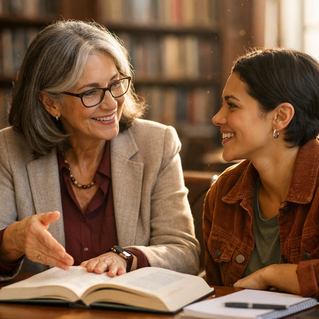 Two queer women engaged in a university library mentorship session, highlighting leadership in academia.
