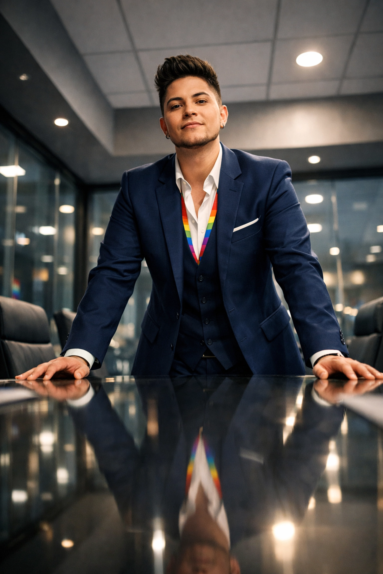 A trans-masculine professional standing in a boardroom, representing queer leadership and career success in 2026.