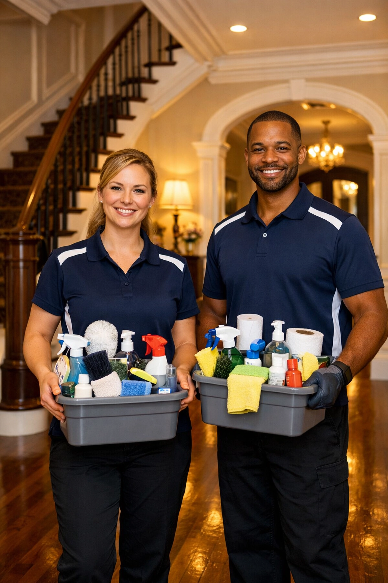 Expert residential cleaning MA team standing in a luxury foyer ready for a deep cleaning mission.