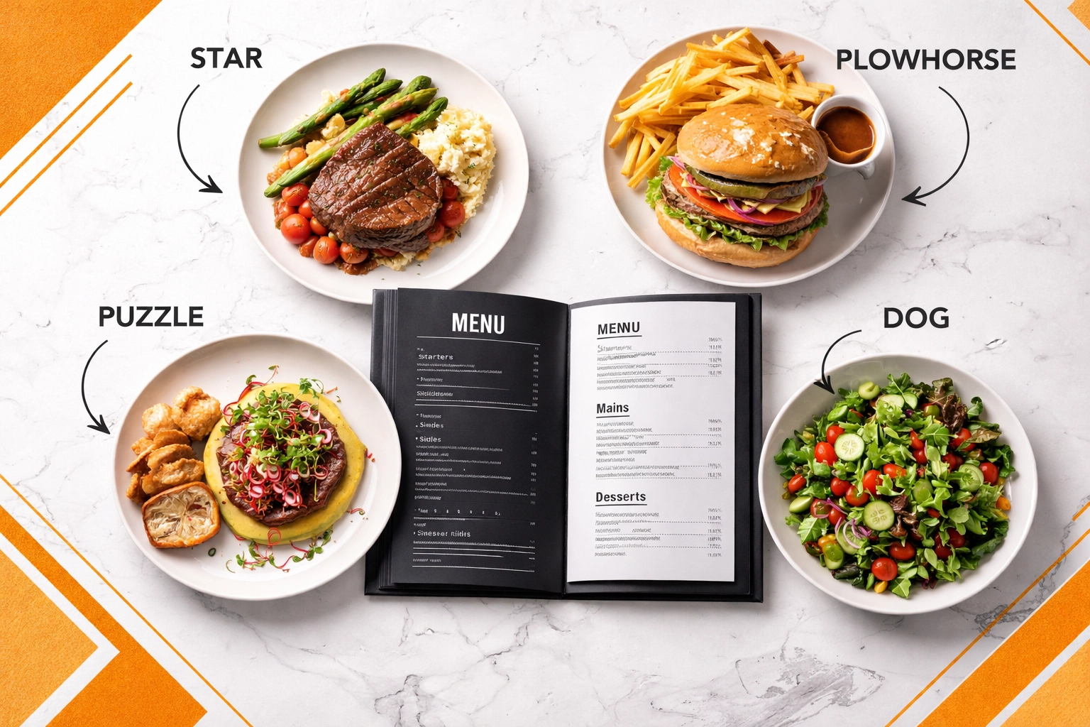 Overhead view of a modern restaurant table with an open menu and four dishes illustrating menu engineering categories