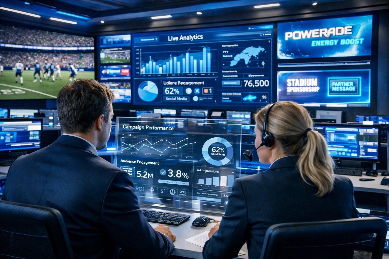 Sports advertising control room with unified marketing analytics across multiple digital screens