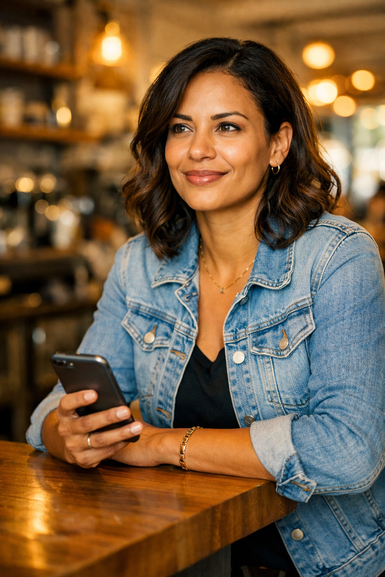 Entrepreneure souriante utilisant son téléphone pour un crédit rapide au Canada.
