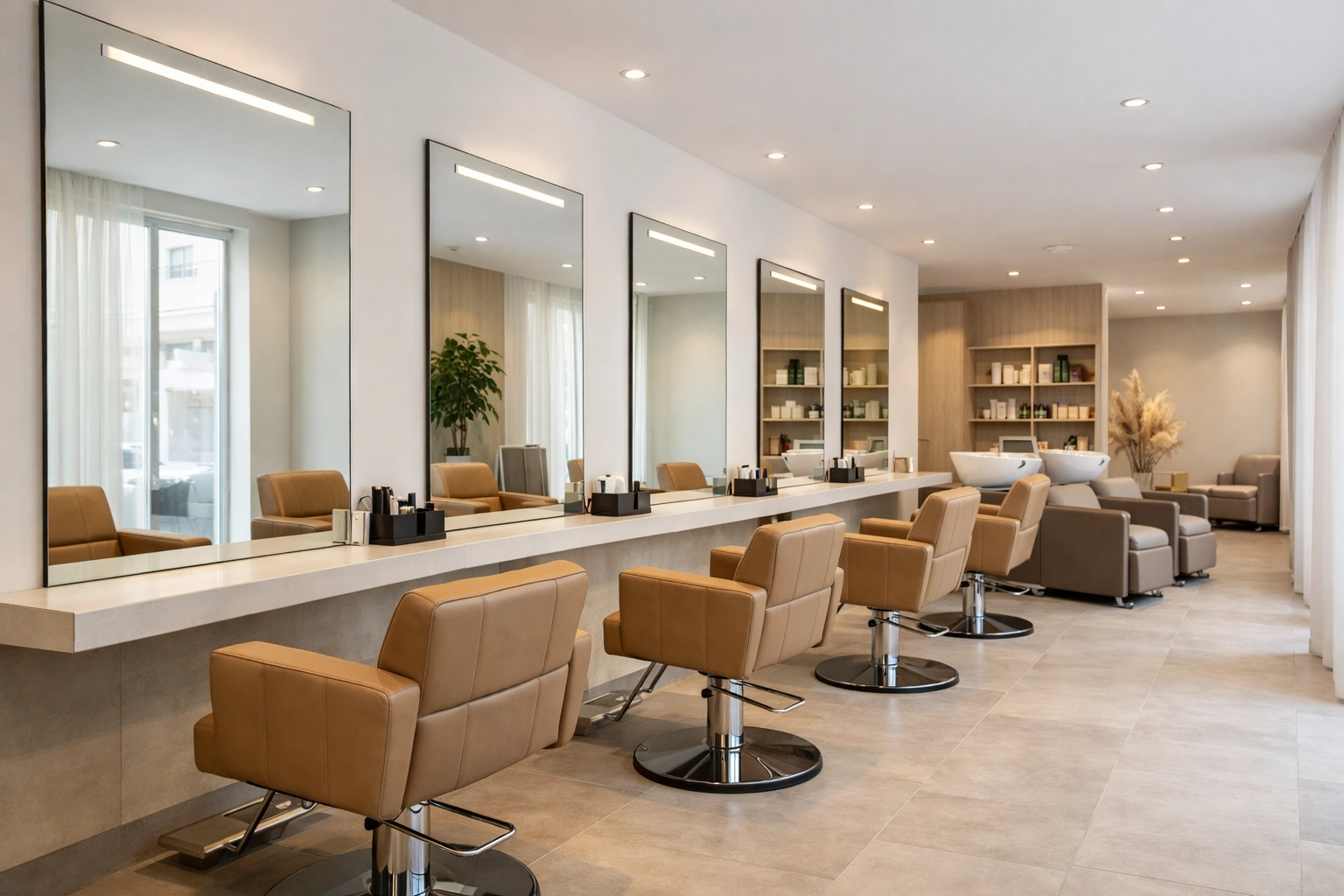 Modern minimalist interior of The Color Lounge Salon and Spa, a premier hair salon in Concord NH.